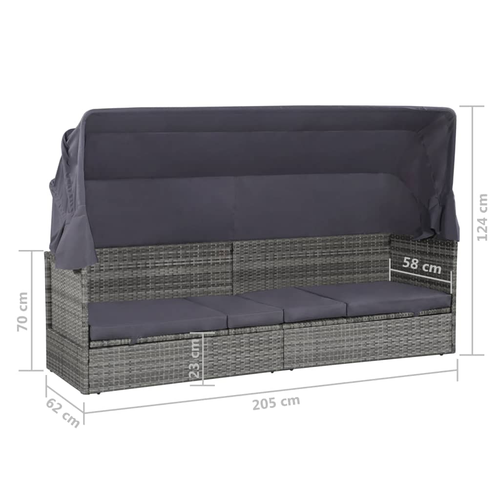 Lettino da Giardino con Tettuccio Grigio 205x62 cm Polyrattan - homemem39