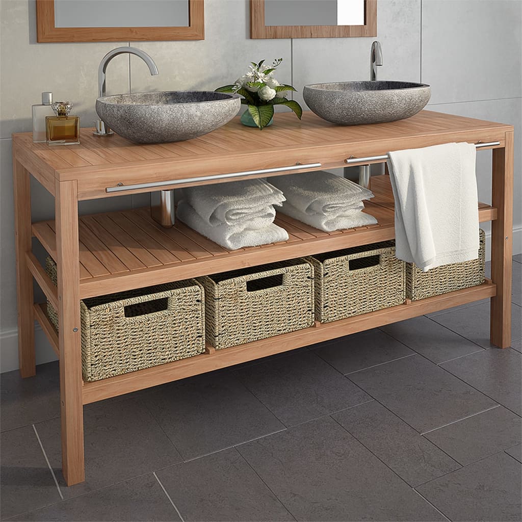 Mobile per Lavabo con 4 Cesti in Massello di Teak 132x45x75 cm - homemem39