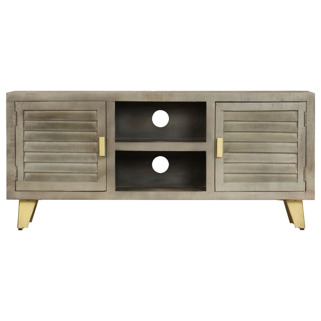 Mobile TV Legno Massello di Mango Grigio e Ottone 110x30x48cm - homemem39