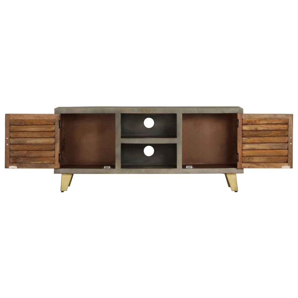 Mobile TV Legno Massello di Mango Grigio e Ottone 110x30x48cm - homemem39