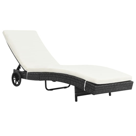 Lettino Prendisole con Ruote e Cuscino in Polyrattan Nero - homemem39