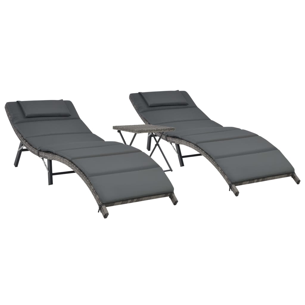 Set Lettini da Giardino 3 pz Pieghevoli in Polyrattan Grigio - homemem39