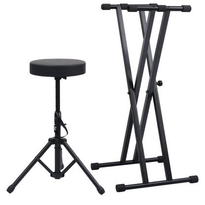 Set Supporto per Tastiera a Doppia Staffa con Sgabello Nero - homemem39