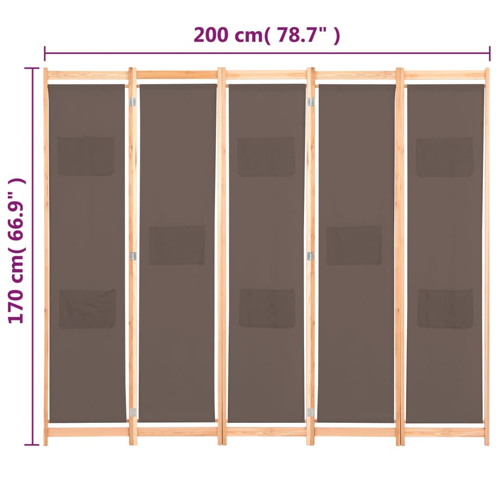 Divisorio a 5 Pannelli Marrone 200x170x4 cm in Tessuto - homemem39