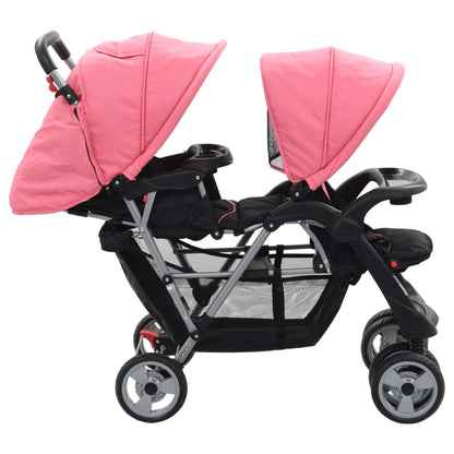 Passeggino Gemellare a Tandem Rosa e Nero in Acciaio - homemem39