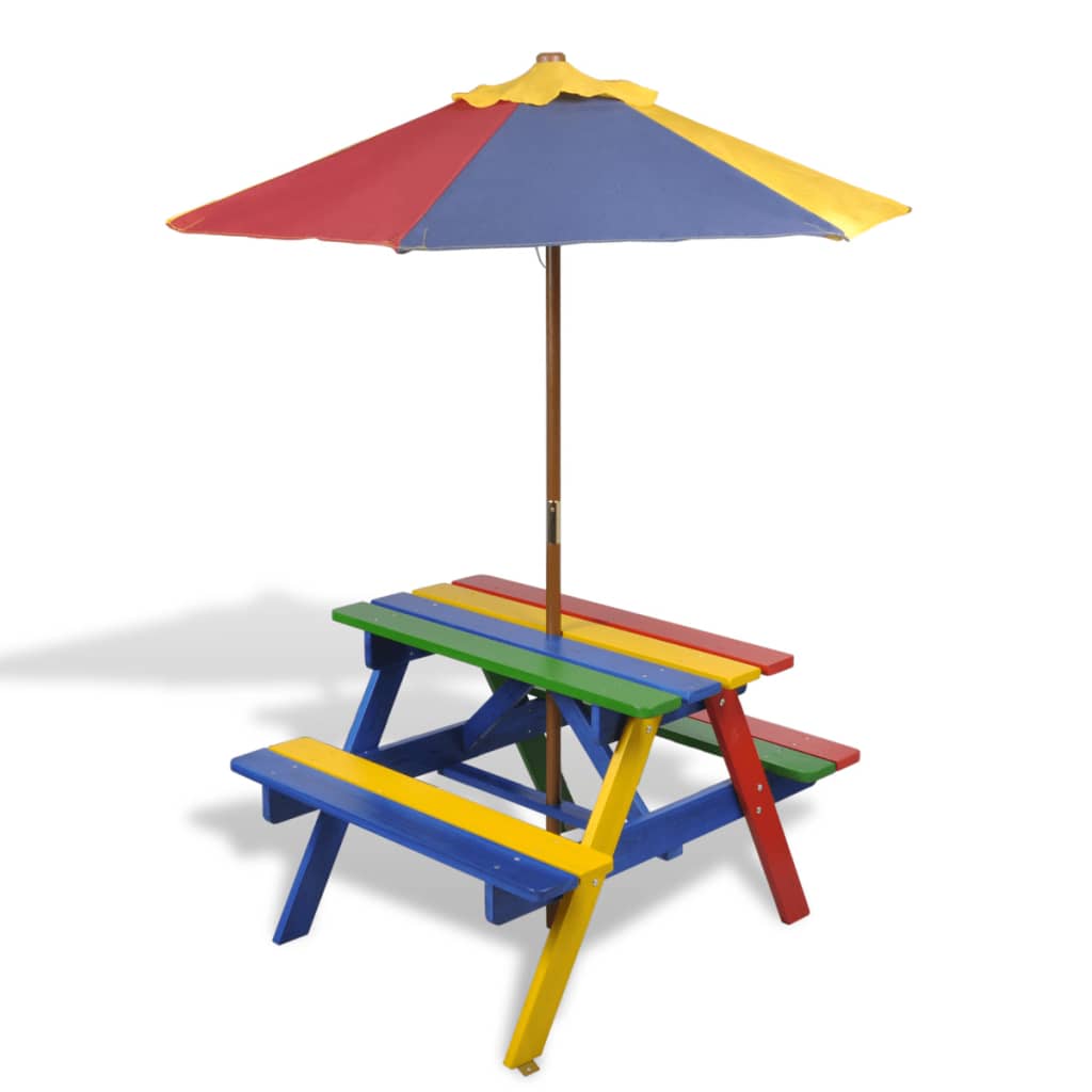 Tavolo e Panchine per Bambini con Parasole Legno Multicolore - homemem39