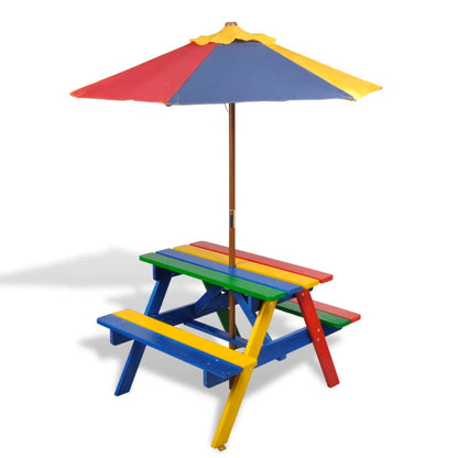 Tavolo e Panchine per Bambini con Parasole Legno Multicolore - homemem39