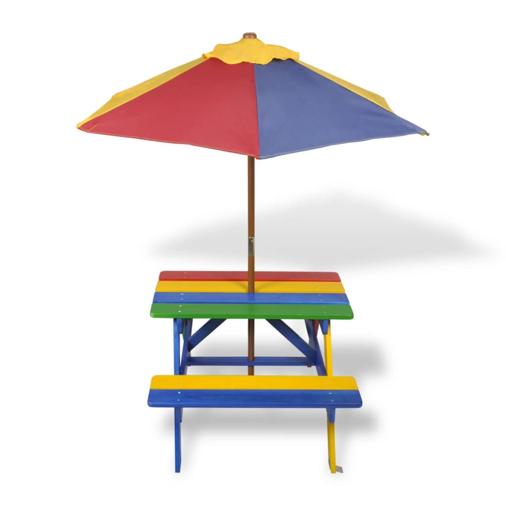 Tavolo e Panchine per Bambini con Parasole Legno Multicolore - homemem39