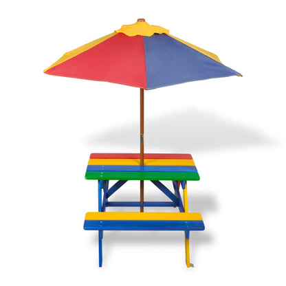 Tavolo e Panchine per Bambini con Parasole Legno Multicolore - homemem39