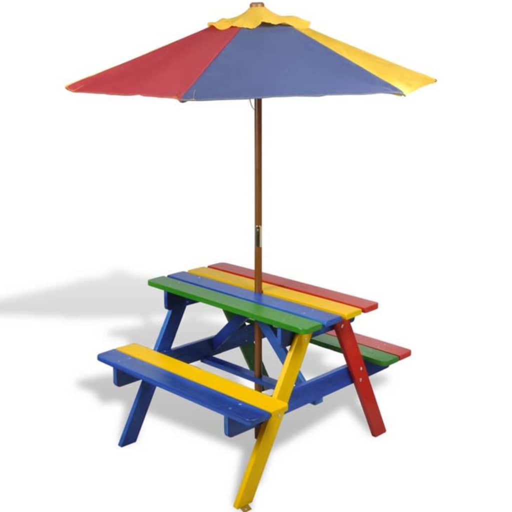 Tavolo e Panchine per Bambini con Parasole Legno Multicolore - homemem39