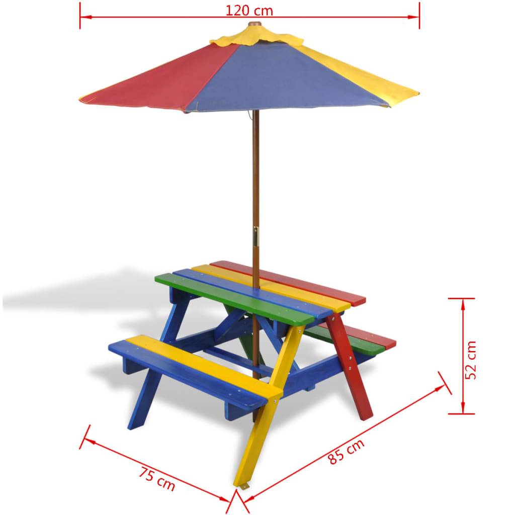 Tavolo e Panchine per Bambini con Parasole Legno Multicolore - homemem39