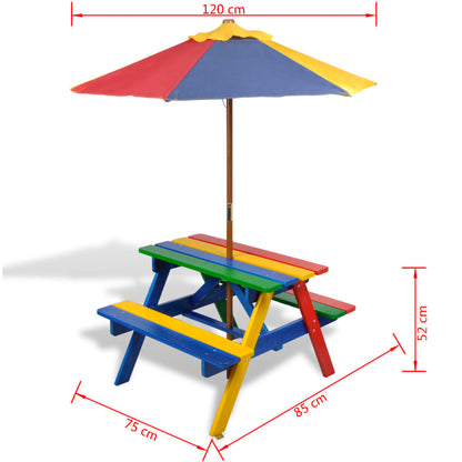 Tavolo e Panchine per Bambini con Parasole Legno Multicolore - homemem39