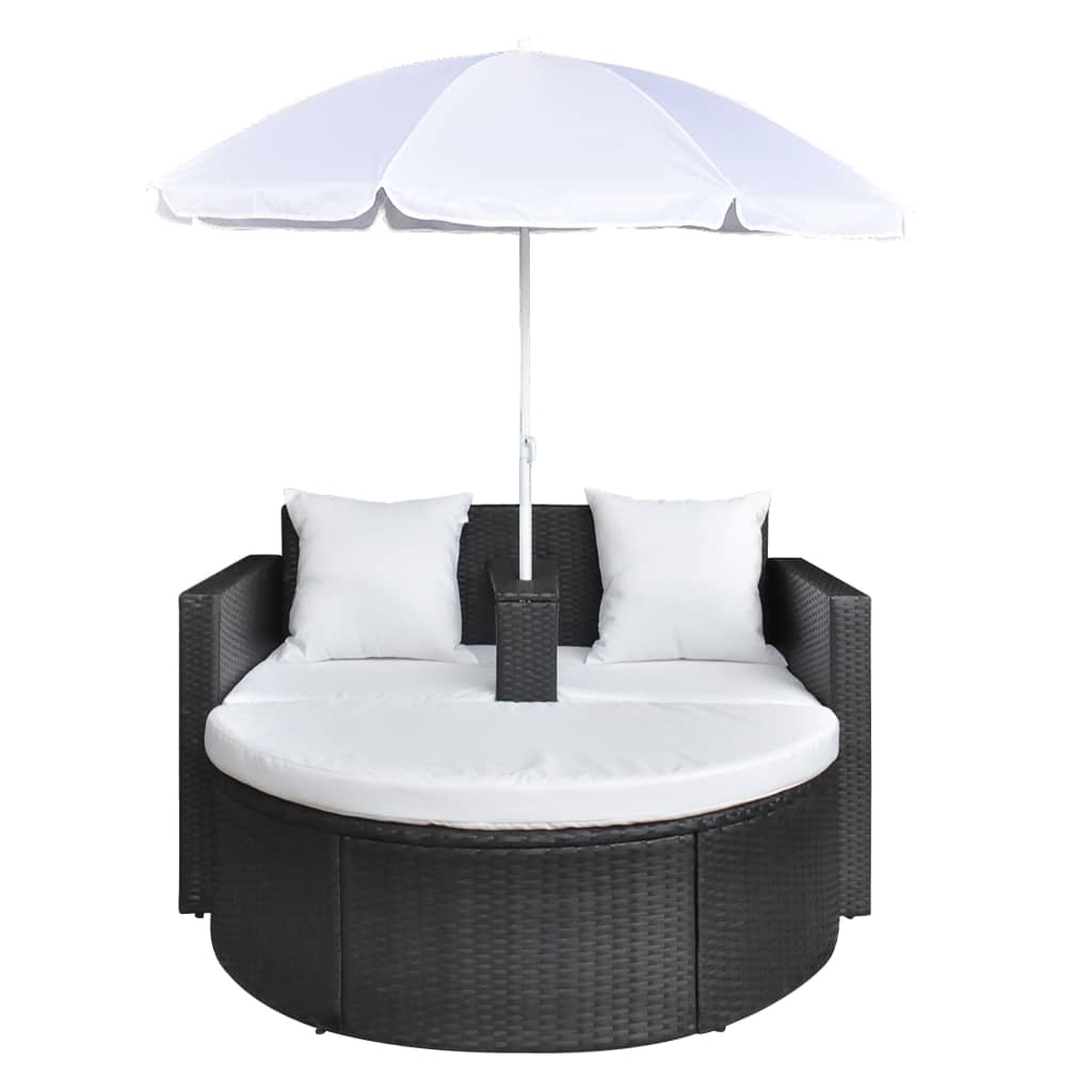 Lettino da Giardino con Ombrellone Nero in Polyrattan - homemem39