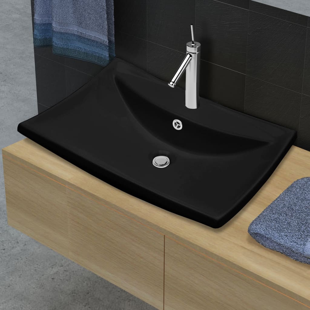 Lavabo Nero Ceramica Lusso Rettangolare Foro Trabocco Foro Rubinetto - homemem39