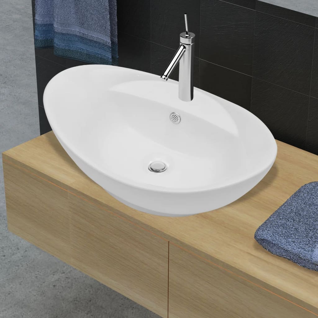 Lavabo Ceramica Lusso Ovale Foro di Scarico e Foro Rubinetto - homemem39