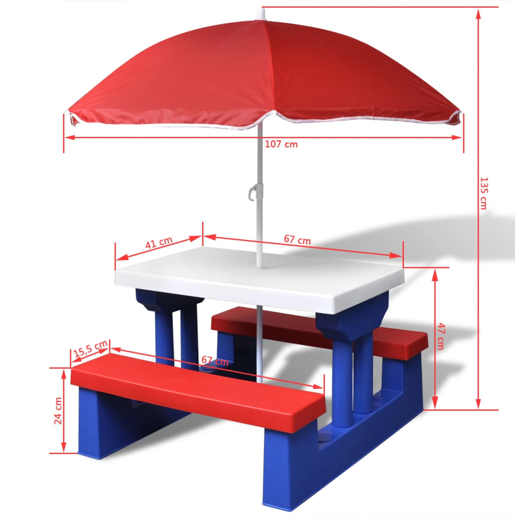 Tavolo e Panchine Picnic per Bambini con Parasole Multicolore - homemem39