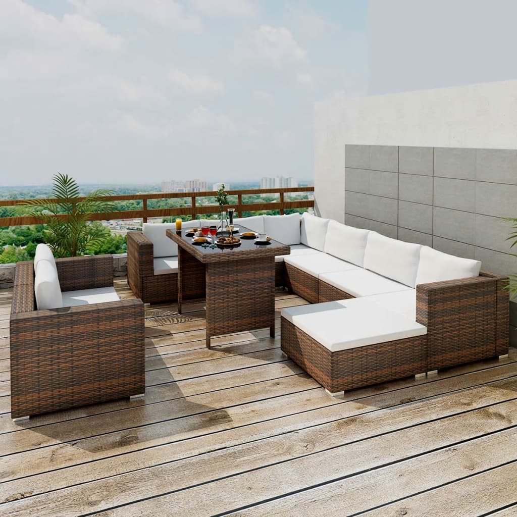 Set Divani da Giardino 10 pz con Cuscini in Polyrattan Marrone - homemem39