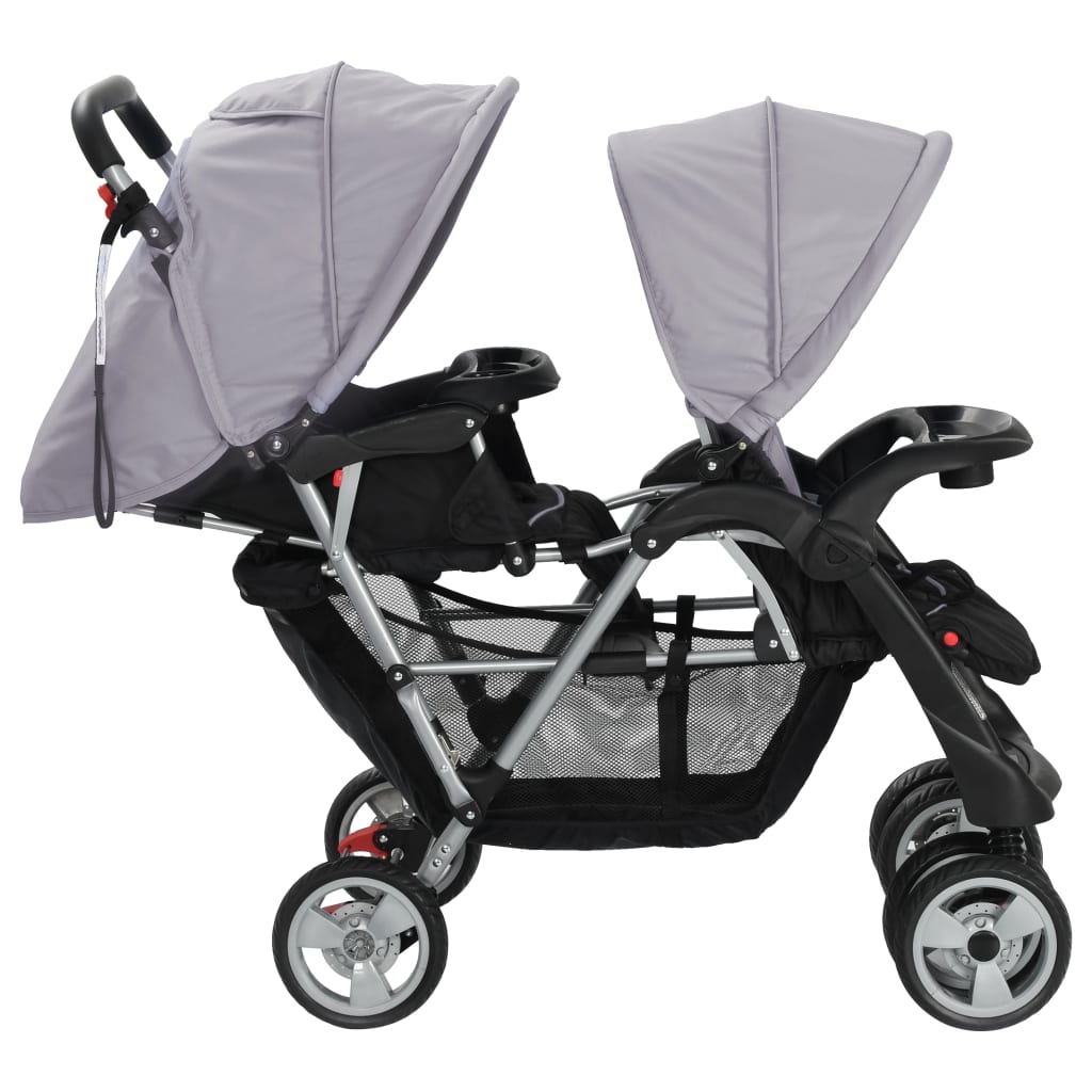 Passeggino Gemellare a Tandem in Acciaio Grigio e Nero - homemem39