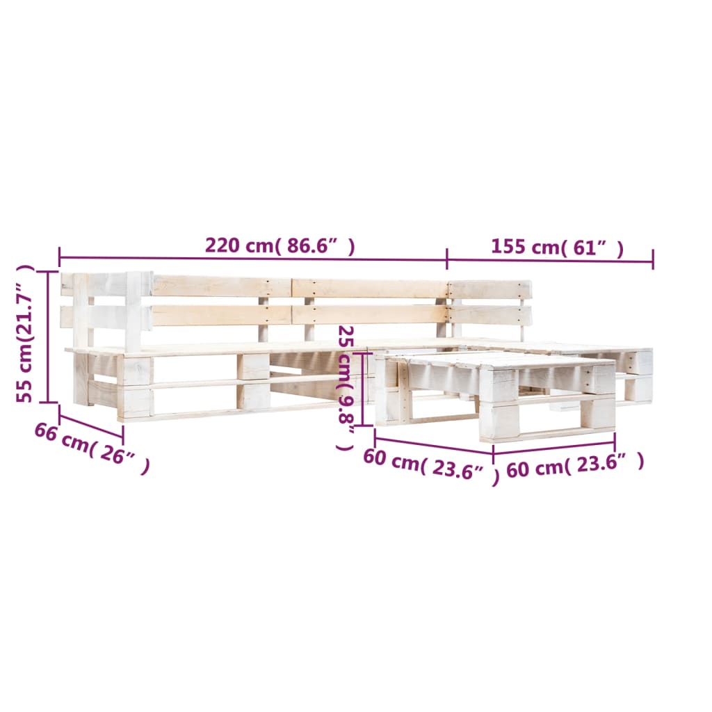 Set Divani da Giardino su Pallet 4 pz in Legno Bianco - homemem39