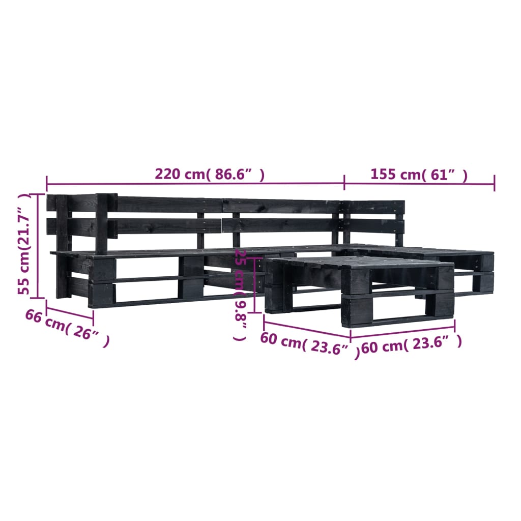 Divani da Giardino su Pallet 4 pz Neri in Legno - homemem39