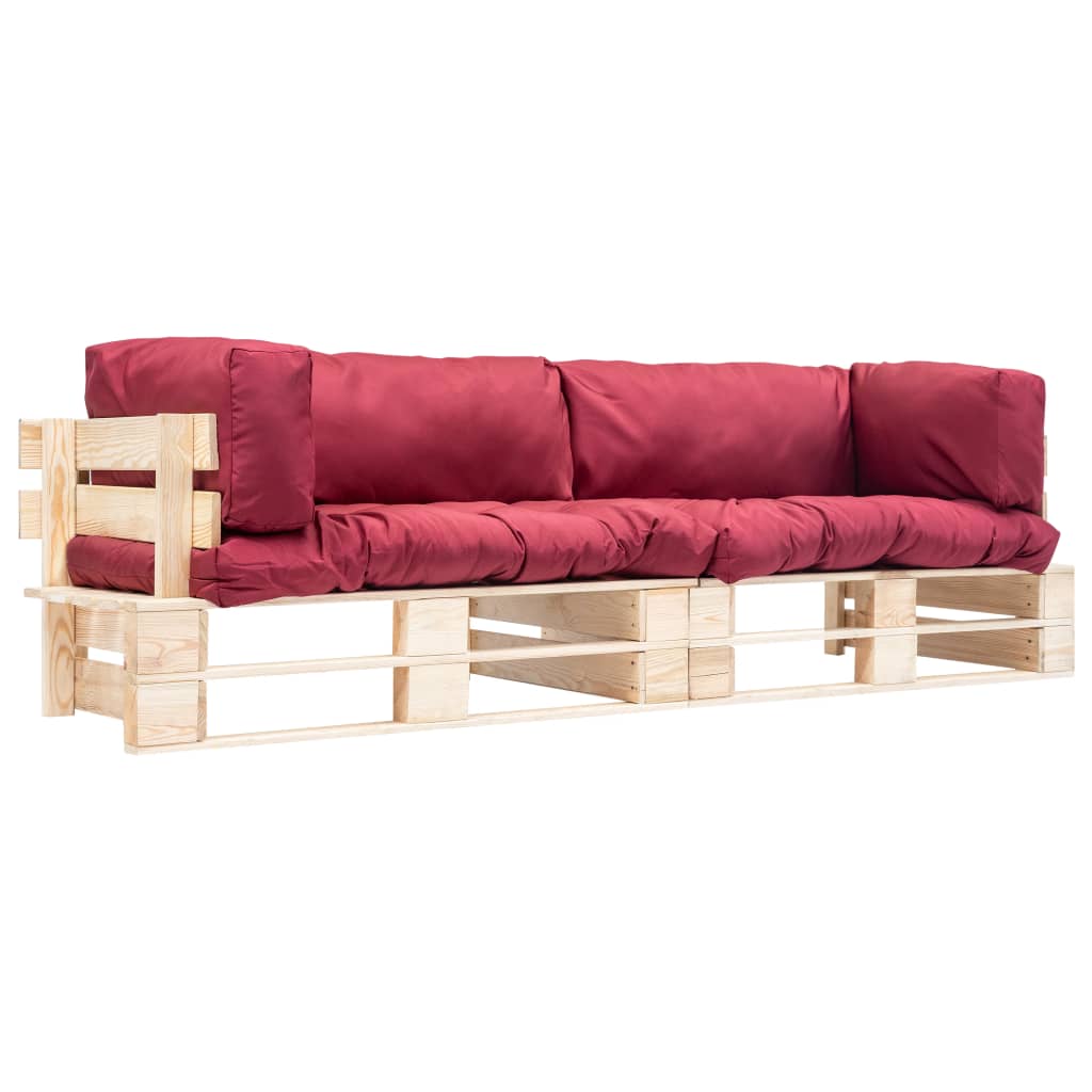 Set Divani Giardino Pallet 2pz con Cuscini Rossi Legno di Pino - homemem39