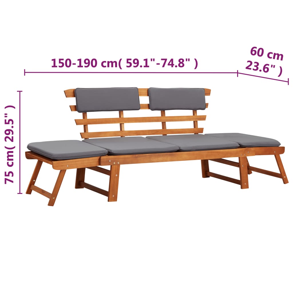 Lettino da Giardino 2 in 1 con Cuscino 190 cm Massello Acacia - homemem39