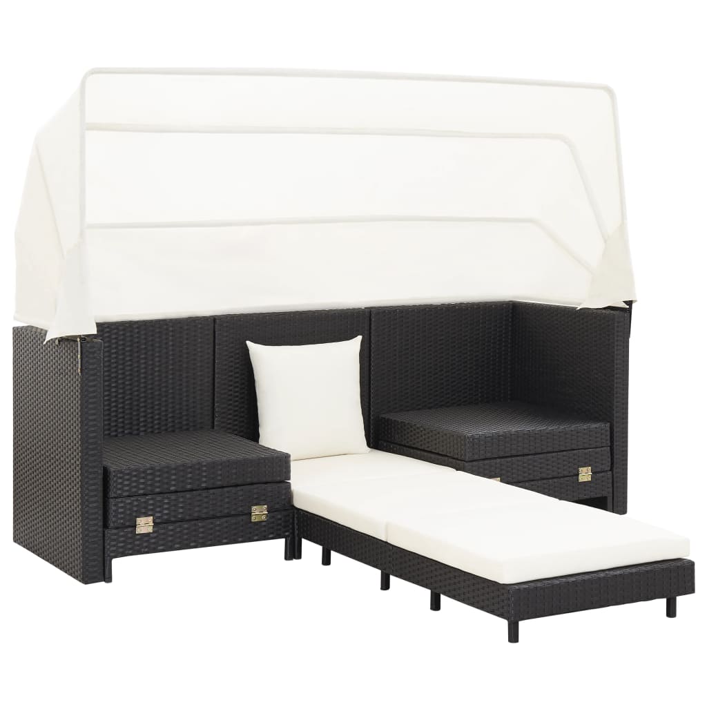 Divano Letto a 3 Posti Estendibile con Tetto Polyrattan Nero - homemem39