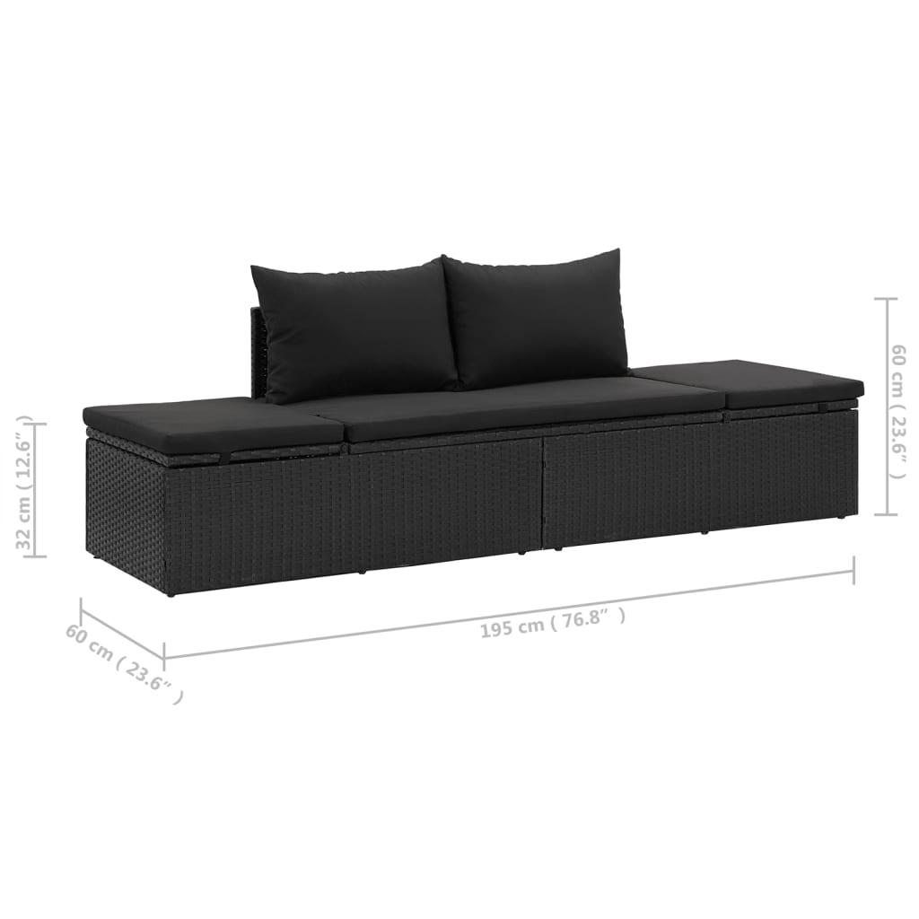 Lettino Prendisole con Cuscini in Polyrattan Nero - homemem39