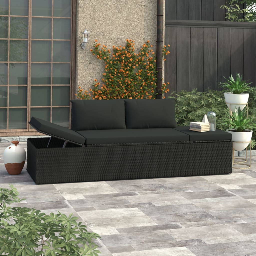 Lettino Prendisole con Cuscini in Polyrattan Nero - homemem39