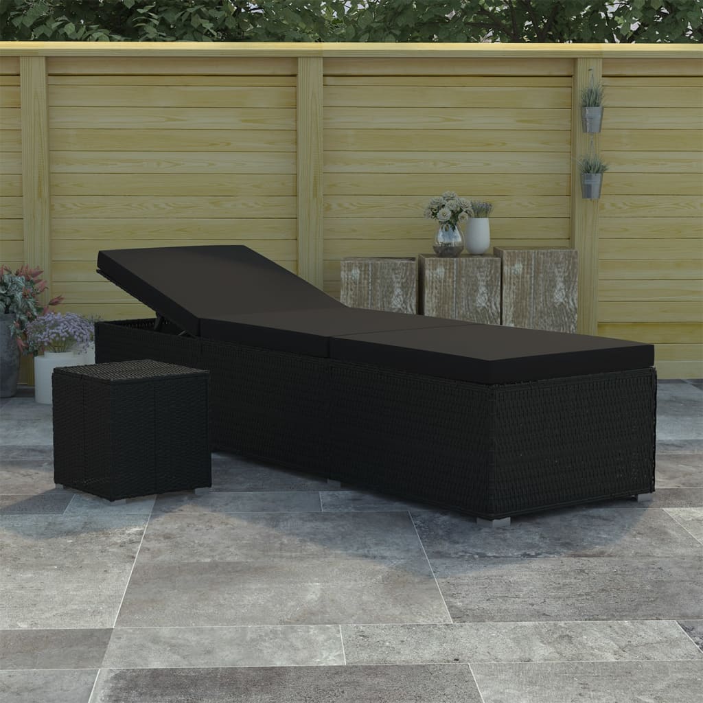 Lettino Prendisole con Cuscino e Tavolino in Polyrattan Nero - homemem39