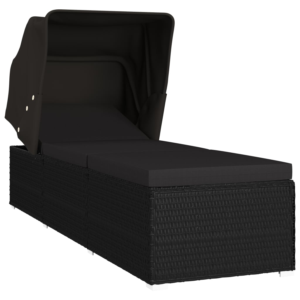 Lettino Prendisole con Tettuccio e Cuscino in Polyrattan Nero - homemem39