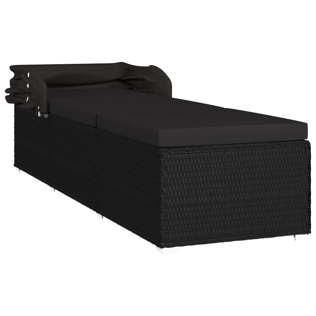 Lettino Prendisole con Tettuccio e Cuscino in Polyrattan Nero - homemem39