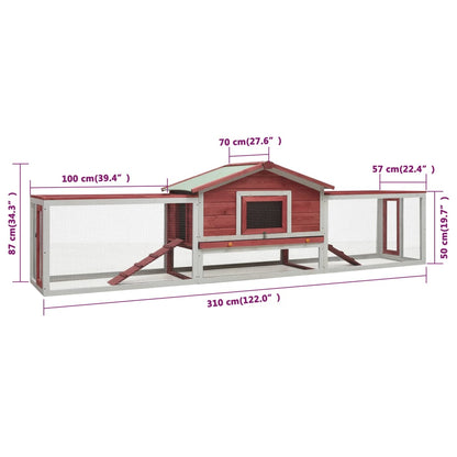 Conigliera Rossa 310x70x87 cm in Legno Massello di Pino e Abete - homemem39