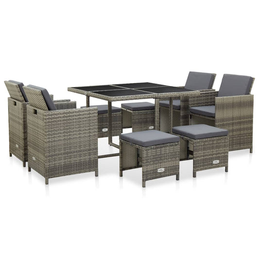 Set da Pranzo da Giardino 9 pz con Cuscini in Polyrattan Grigio - homemem39