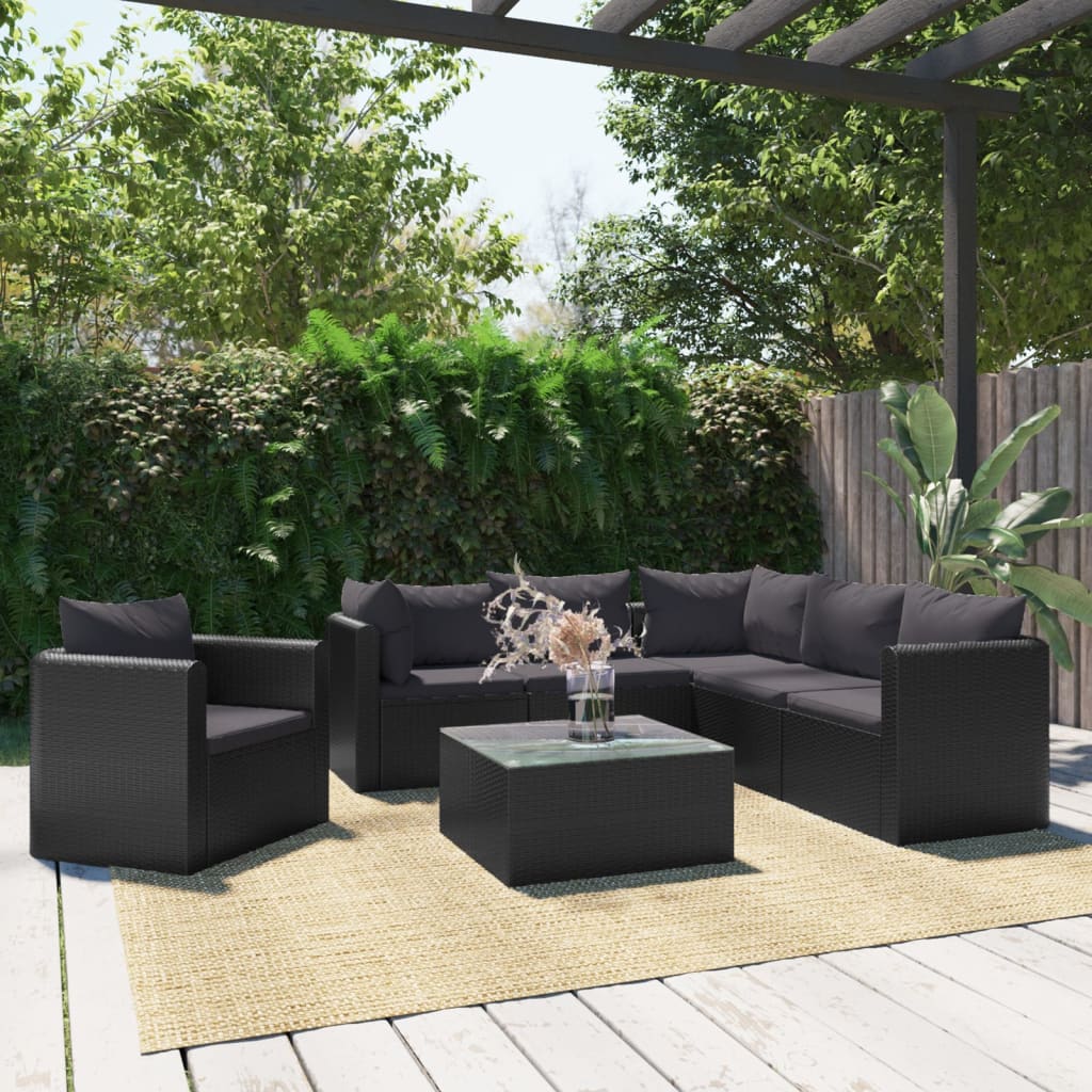 Set Divani da Giardino 7 pz con Cuscini in Polyrattan Nero - homemem39