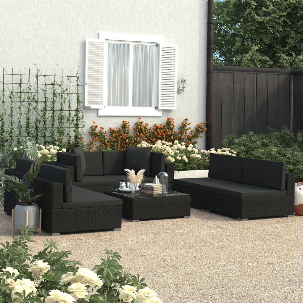 Set Divani da Giardino 7 pz con Cuscini in Polyrattan Nero - homemem39