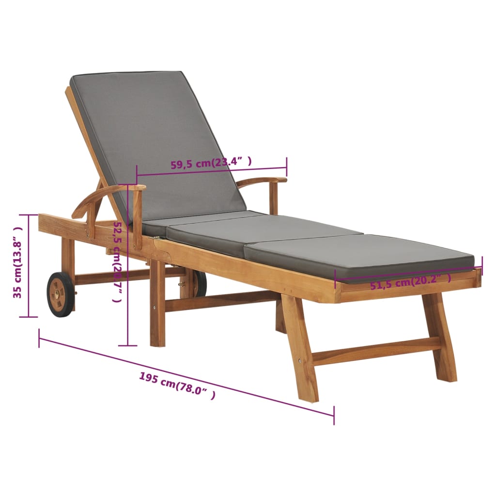 Lettino Prendisole con Cuscino in Massello di Teak Grigio Scuro - homemem39