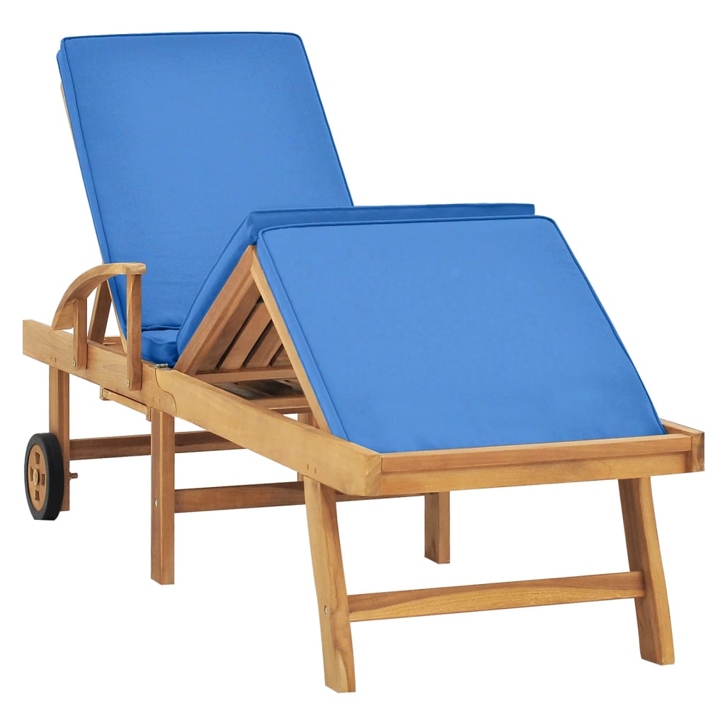 Lettino Prendisole con Cuscino in Massello di Teak Blu - homemem39