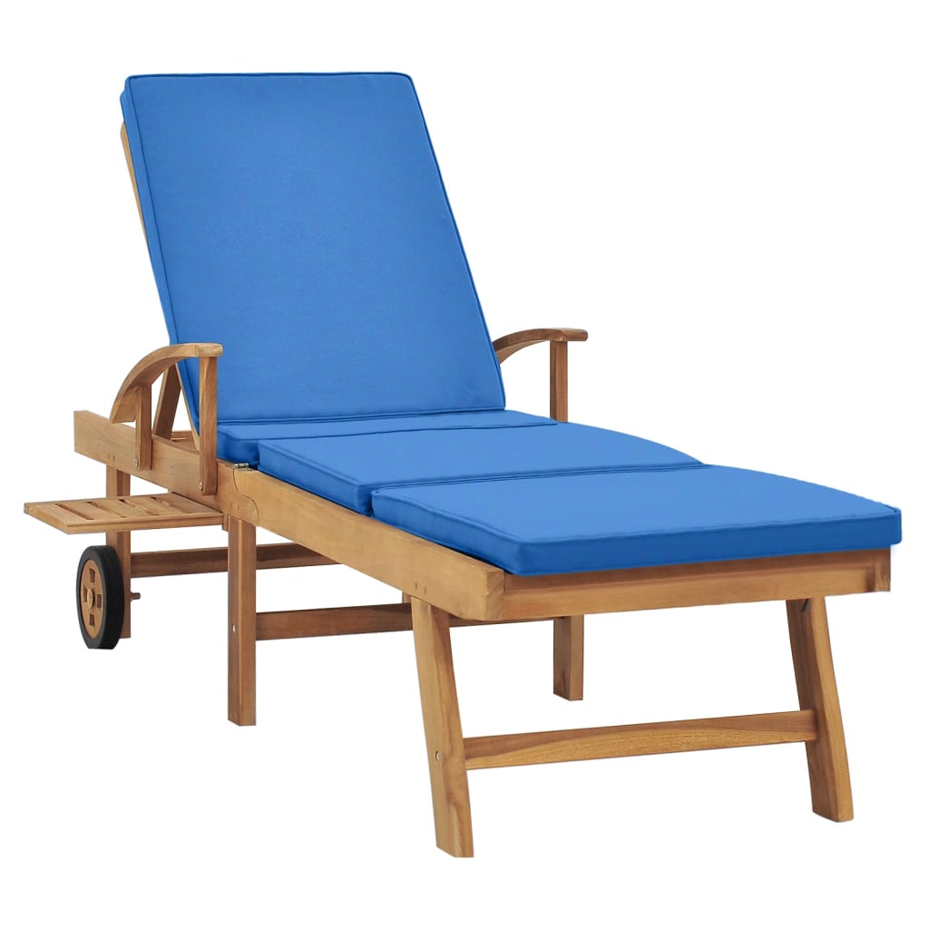 Lettino Prendisole con Cuscino in Massello di Teak Blu - homemem39