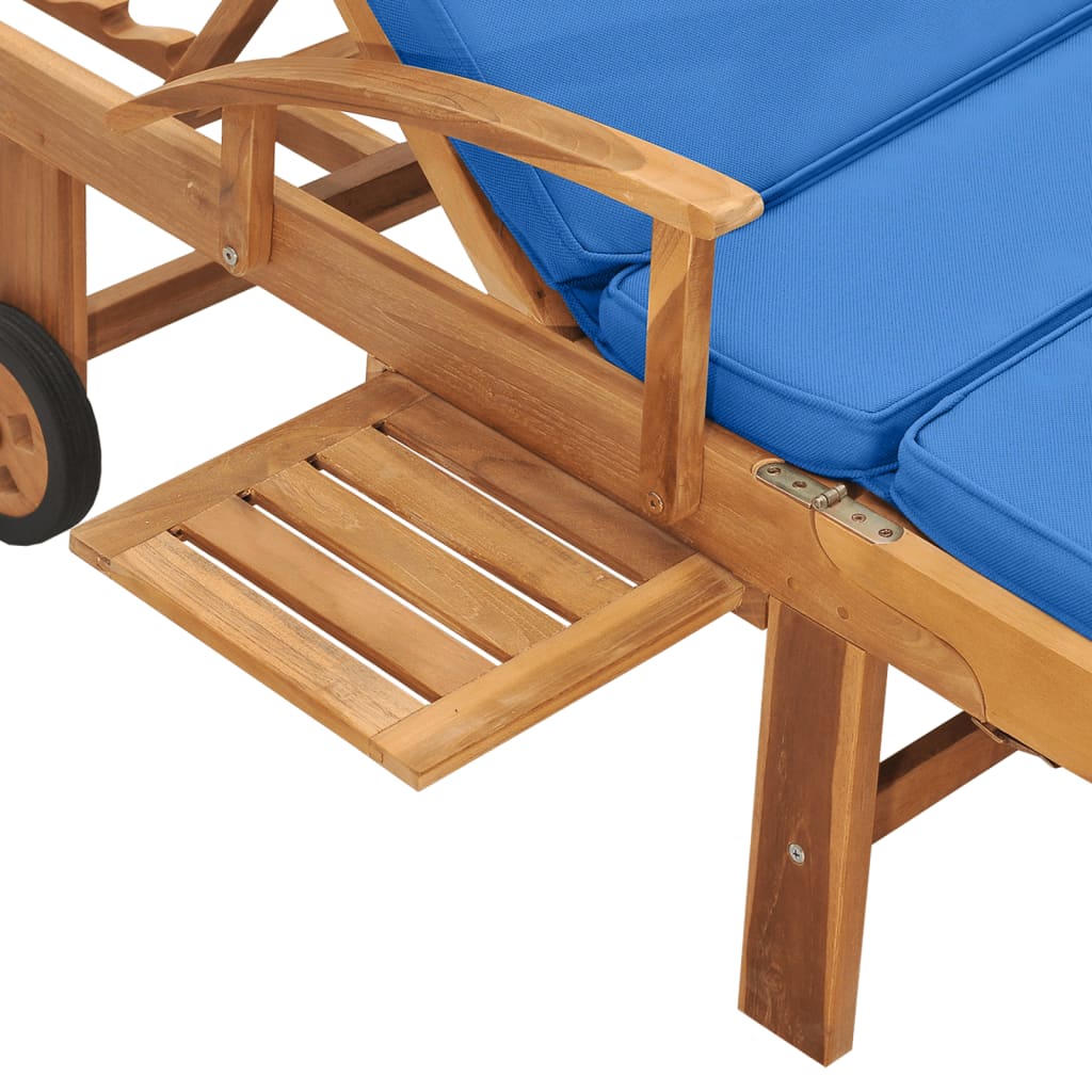 Lettino Prendisole con Cuscino in Massello di Teak Blu - homemem39