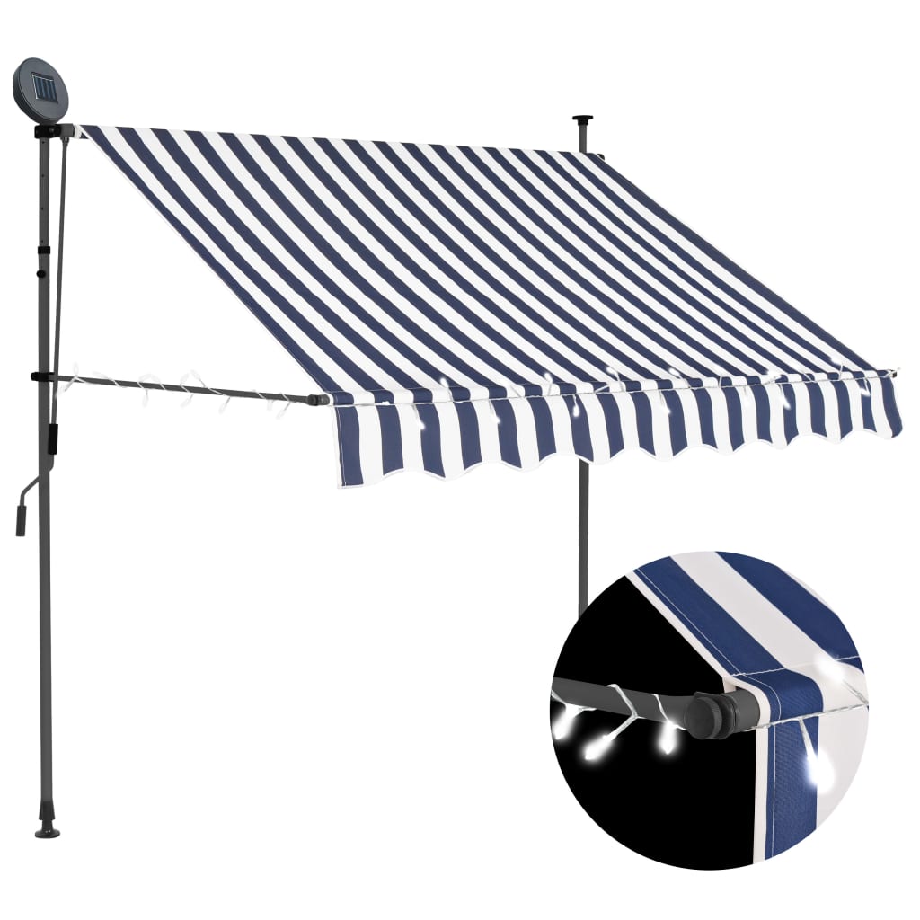 Tenda da Sole Retrattile Manuale con LED 150 cm Blu e Bianco - homemem39
