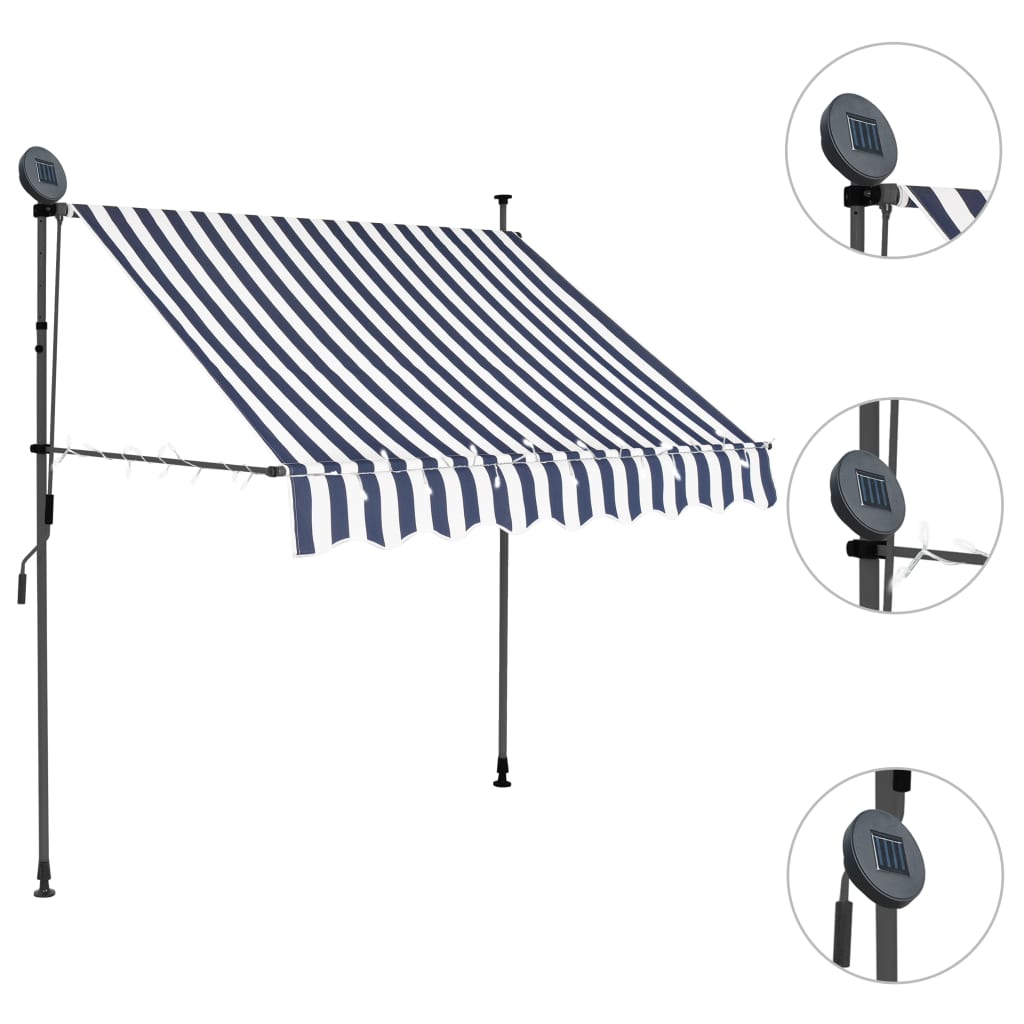 Tenda da Sole Retrattile Manuale con LED 150 cm Blu e Bianco - homemem39