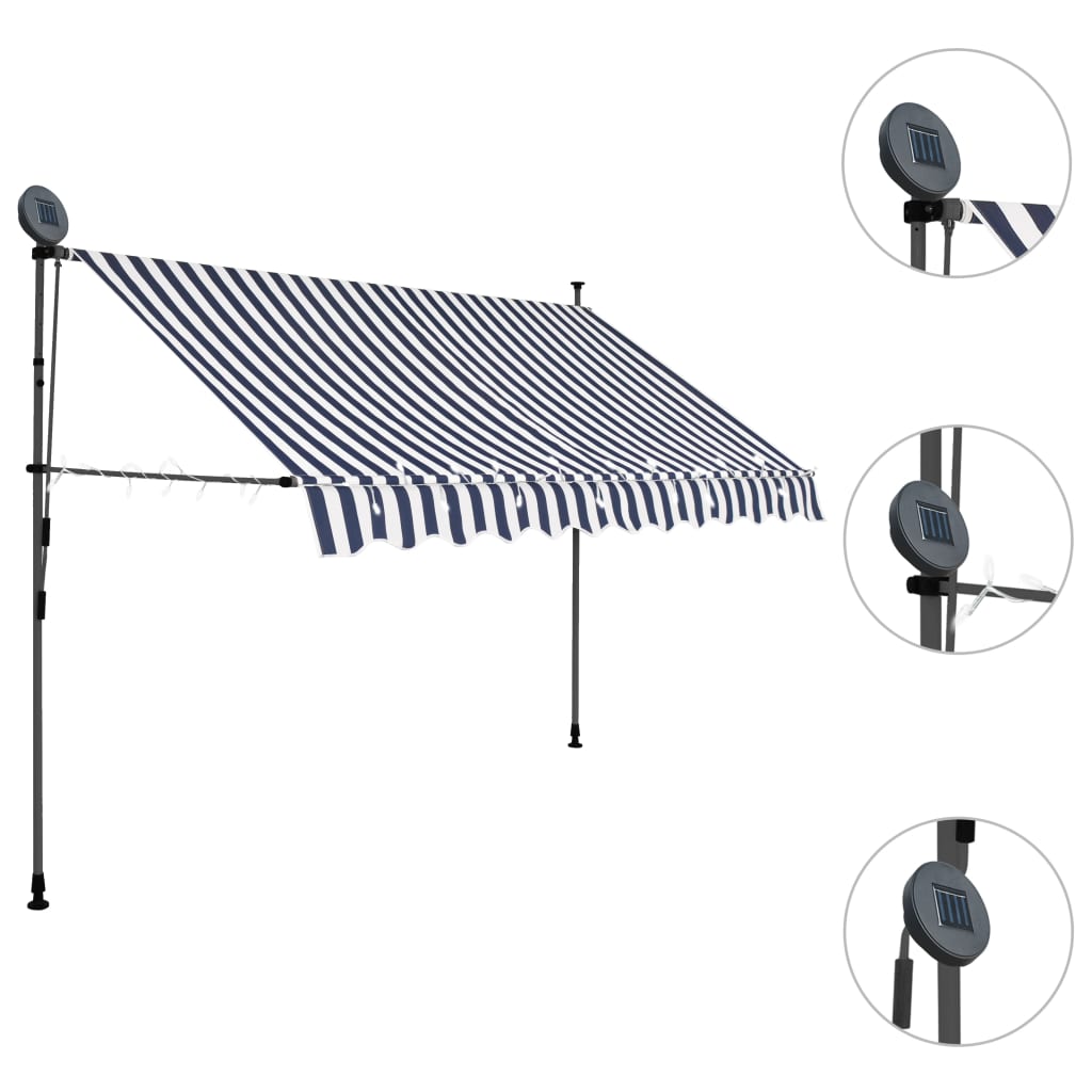 Tenda da Sole Retrattile Manuale con LED 250 cm Blu e Bianco - homemem39