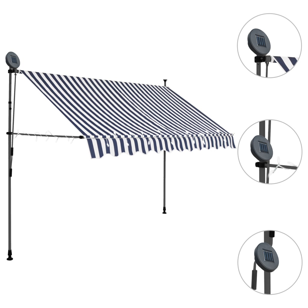 Tenda da Sole Retrattile Manuale con LED 300 cm Blu e Bianco - homemem39