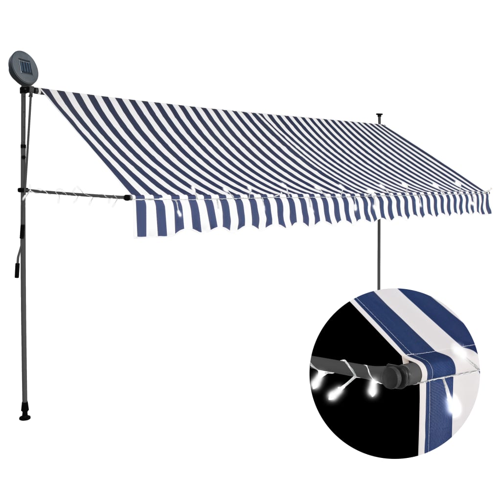 Tenda da Sole Retrattile Manuale con LED 350 cm Blu e Bianco - homemem39