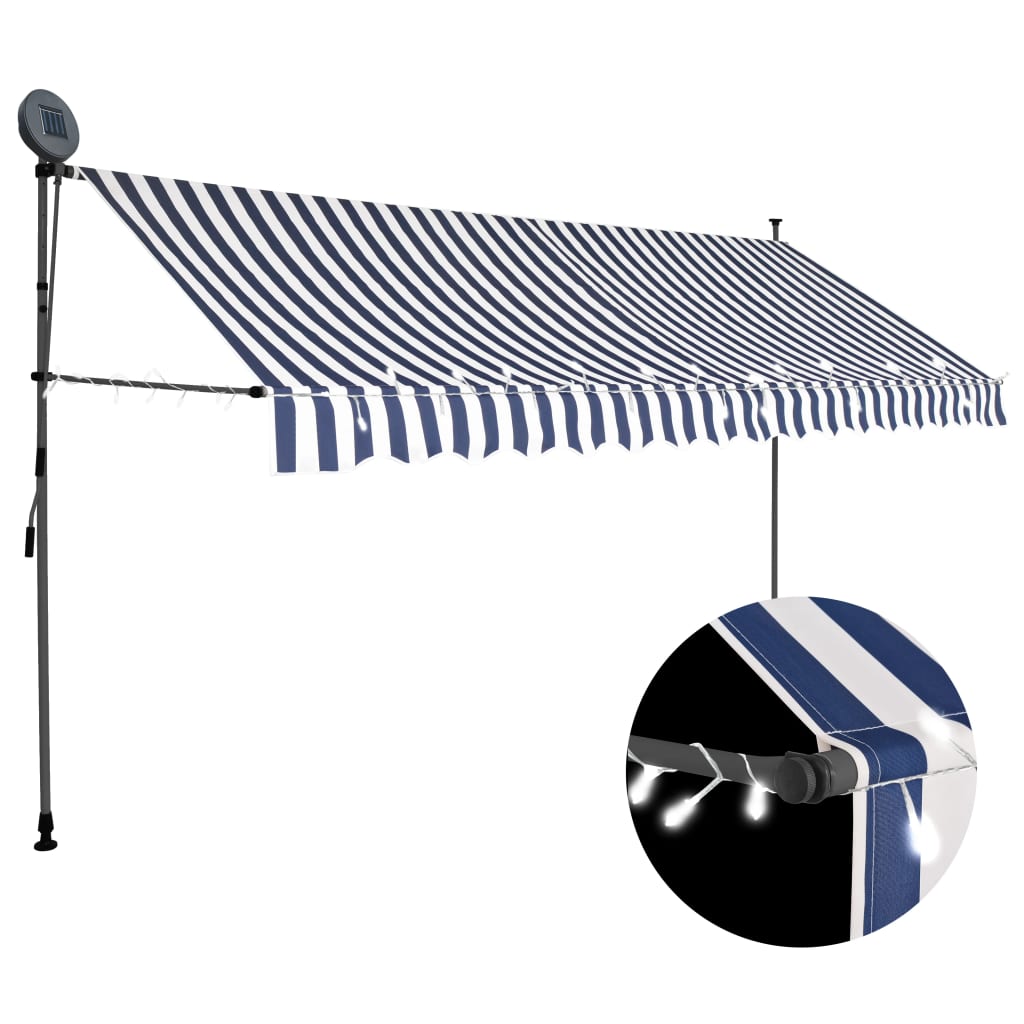 Tenda da Sole Retrattile Manuale con LED 400 cm Blu e Bianco - homemem39