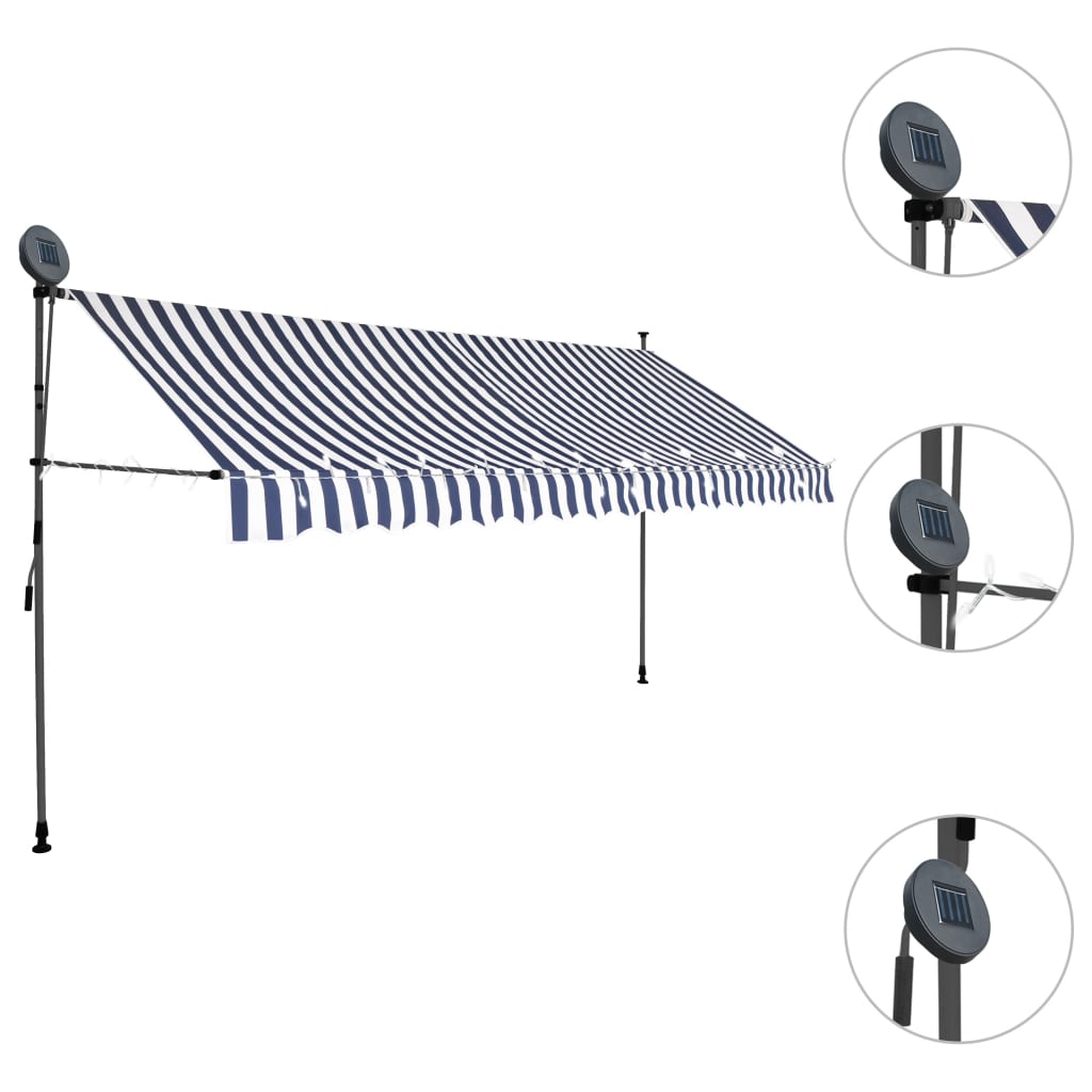 Tenda da Sole Retrattile Manuale con LED 400 cm Blu e Bianco - homemem39