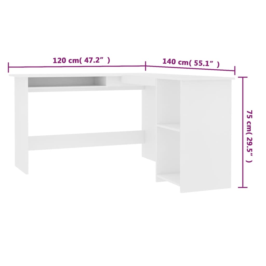 Scrivania Angolare a L Bianca 120x140x75cm in Legno Multistrato - homemem39