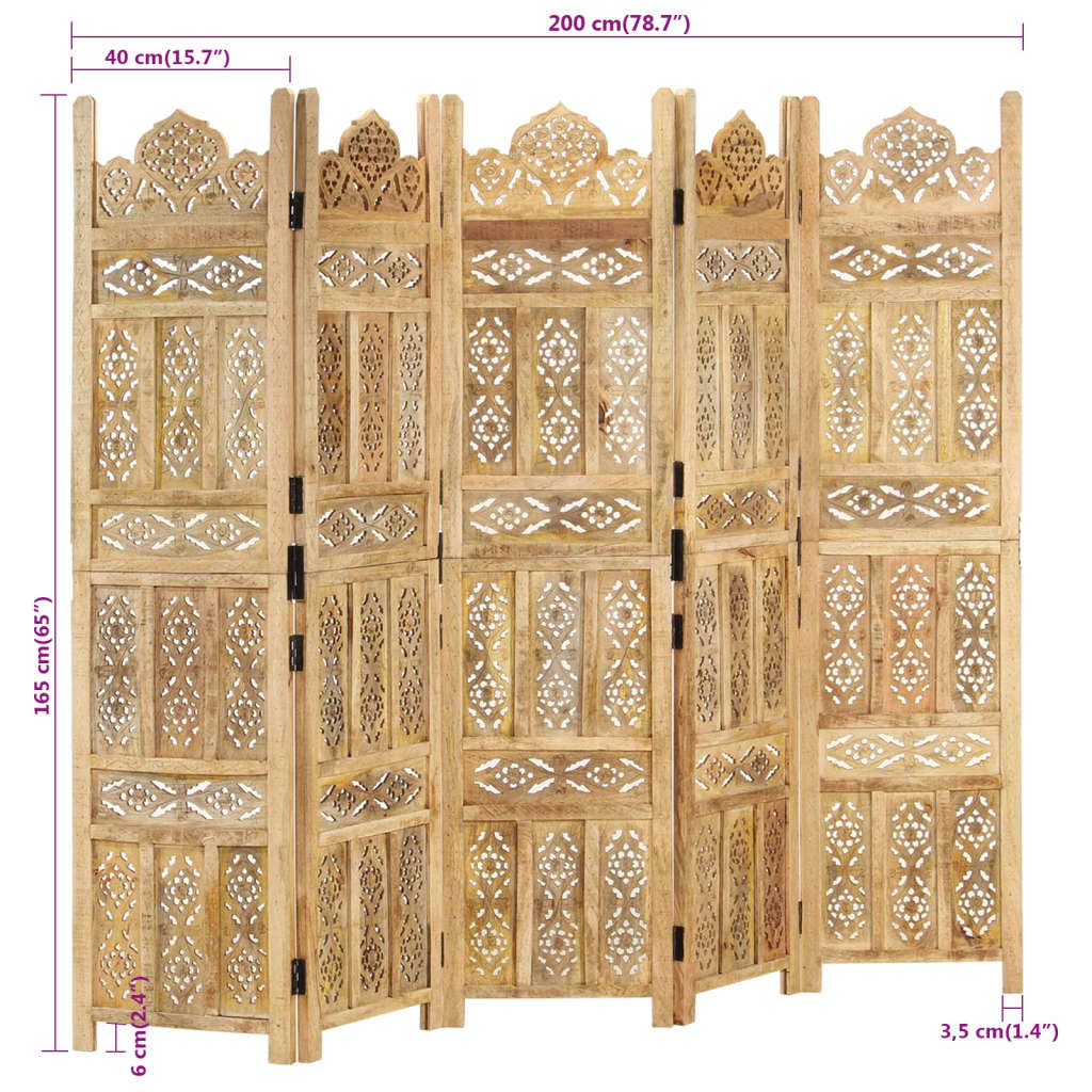 Divisorio a 5 Pannelli Intagliato 200x165cm Massello di Mango - homemem39