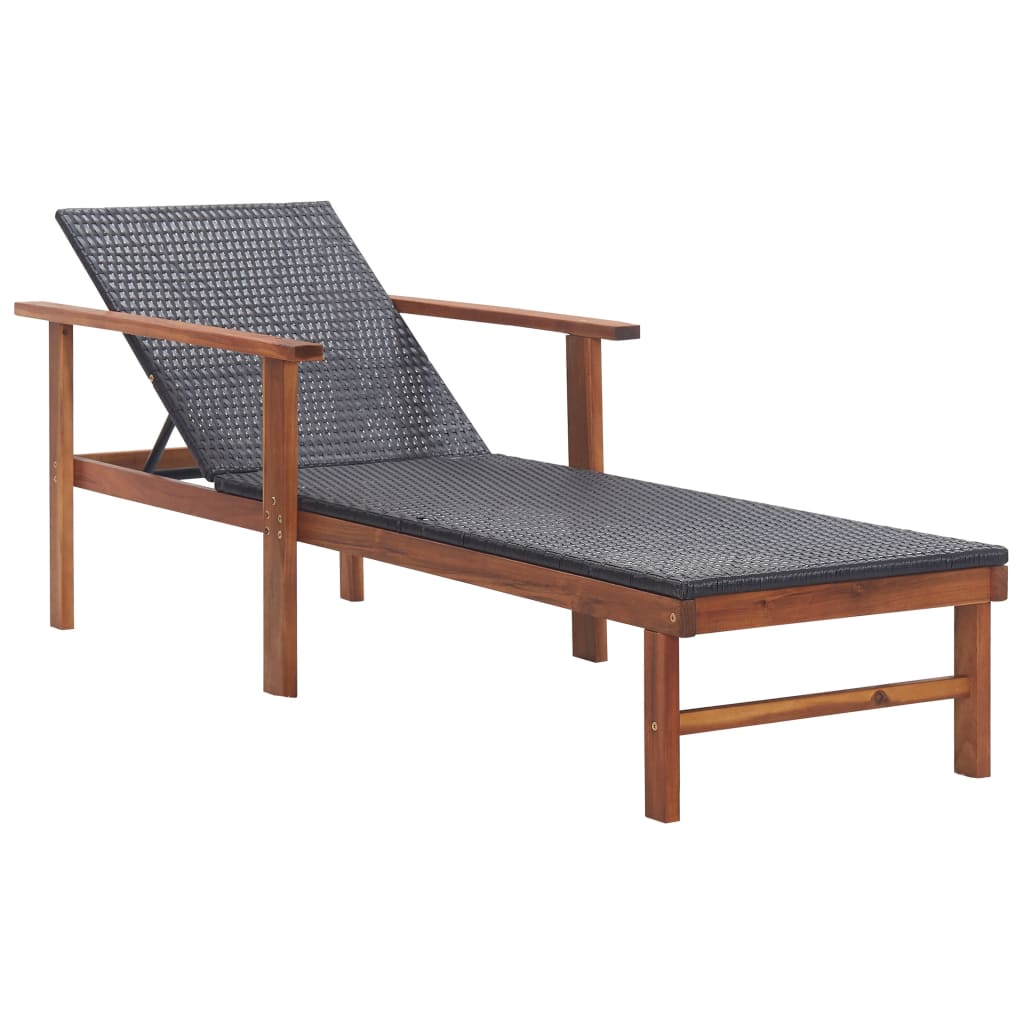 Lettino Prendisole Polyrattan e Legno Massello di Acacia Nero - homemem39